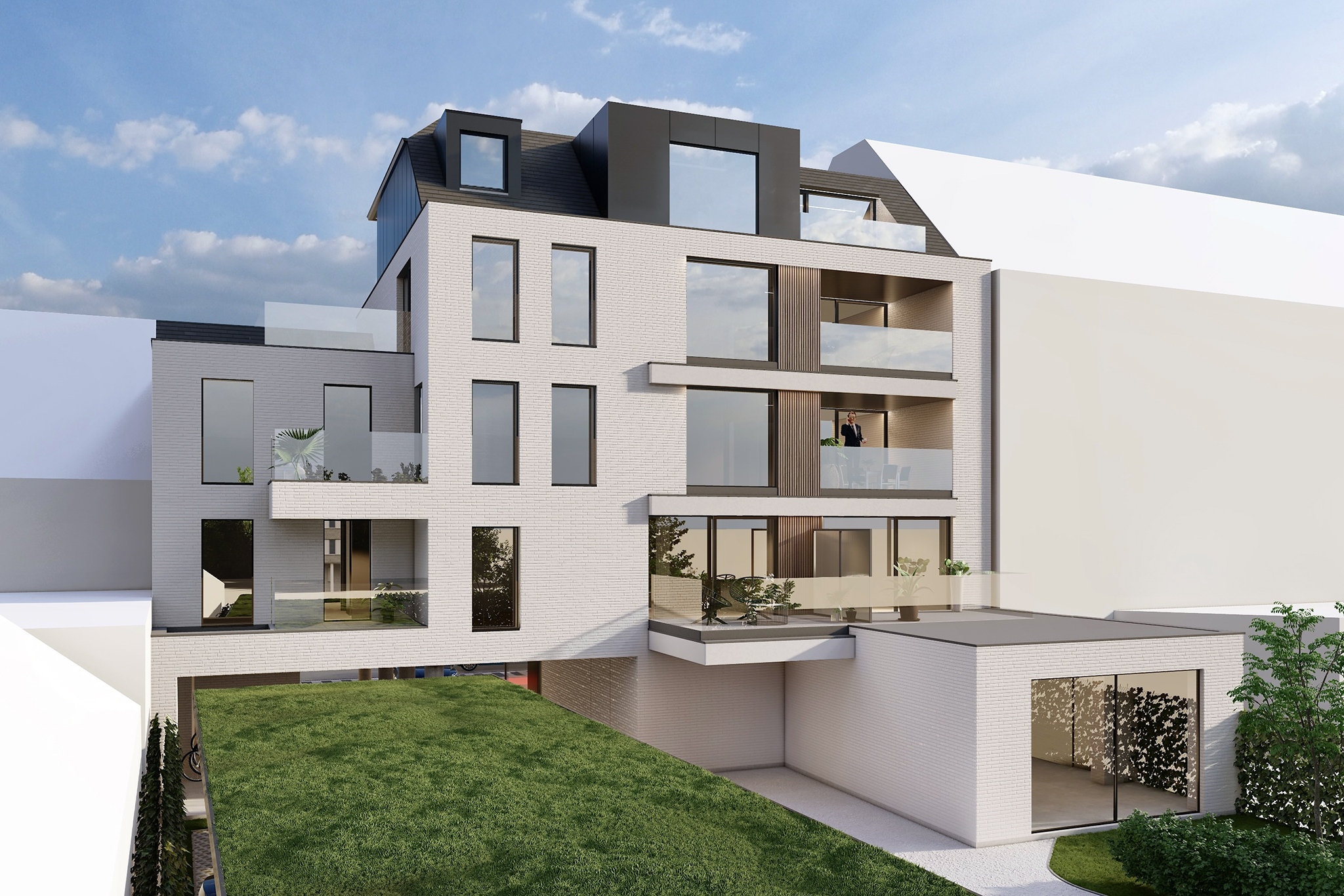 Residentie HOX — tuingevel met royale terrassen en gemeenschappelijke tuin